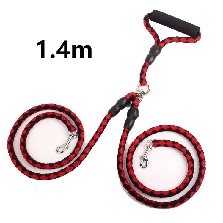 double-ended dog traction rope in red and black, 1.4m length, featuring strong clips and comfortable handle