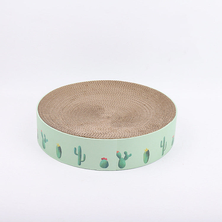 durable cat scratch board featuring a round design with cactus illustrations and sturdy corrugated surface for scratching.
