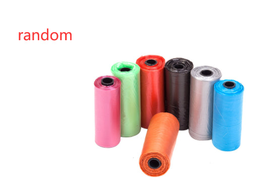 Colorful rolls of dog poop bags for cleanup in various colors including pink, green, red, black, silver, and blue.