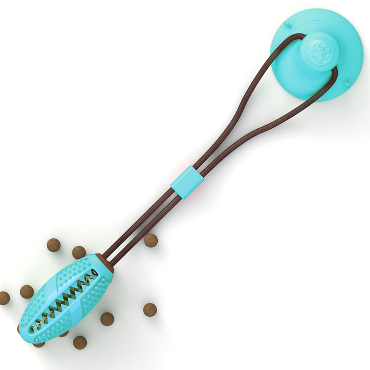 Interactive dog toy for dental care designed to improve oral hygiene while engaging dogs in play.