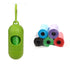 Dog poop bags for cleanup in various colors with a green holder for easy access.