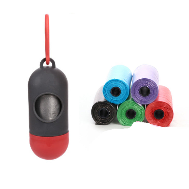 Dog poop bags for cleanup in assorted colors and holder for easy carrying.