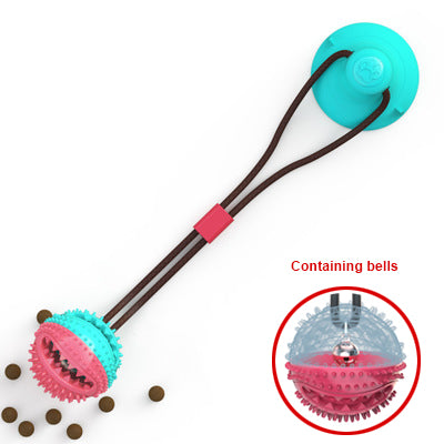 Interactive dog toy for dental care featuring a colorful chew ball with bells, designed to promote oral hygiene.
