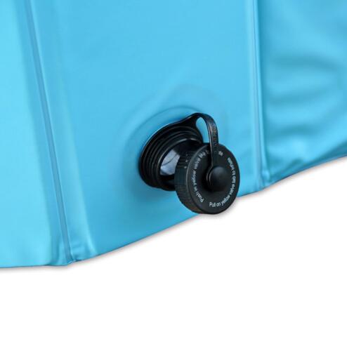 Close-up of the drain valve on a foldable dog swimming pool, highlighting its robust design for easy water release.