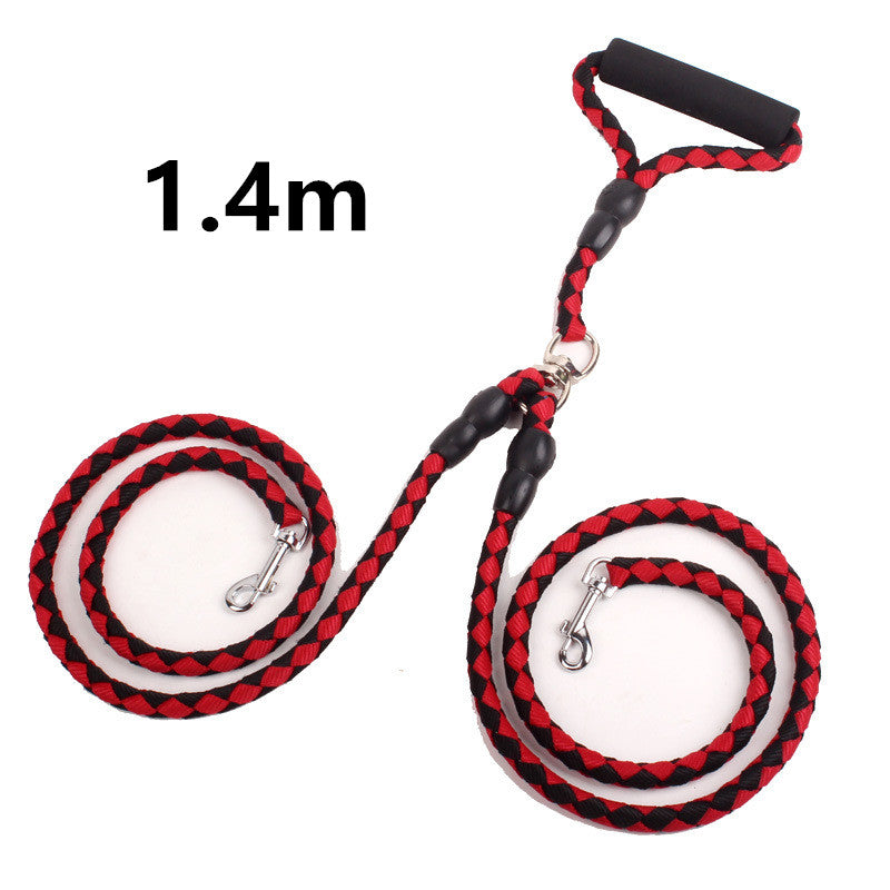 double-ended dog traction rope in red and black, 1.4m length, featuring strong clips and comfortable handle