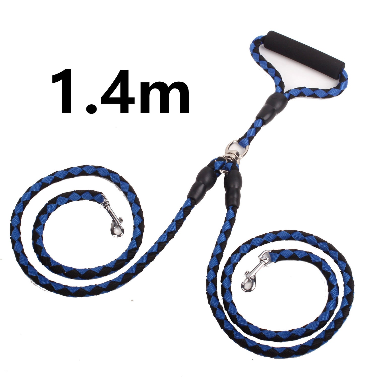 double-ended dog traction rope with 1.4m length, durable construction, and comfortable handle for walking dogs.
