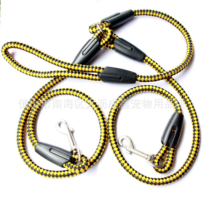 double-ended dog traction rope in vibrant yellow and black design with durable clips and handles.