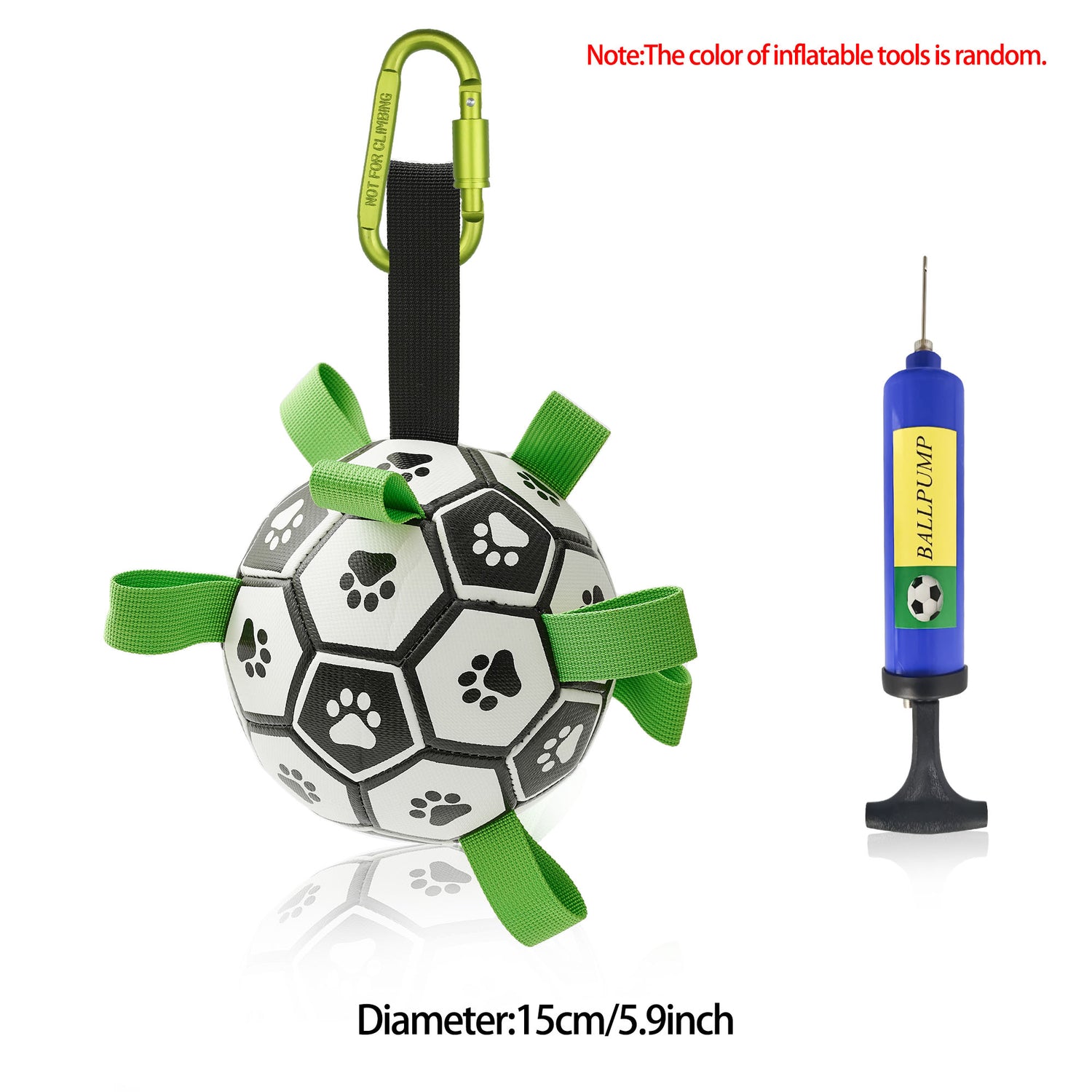 Interactive dog soccer ball with nylon tabs and pump, durable outdoor toy for large dogs.