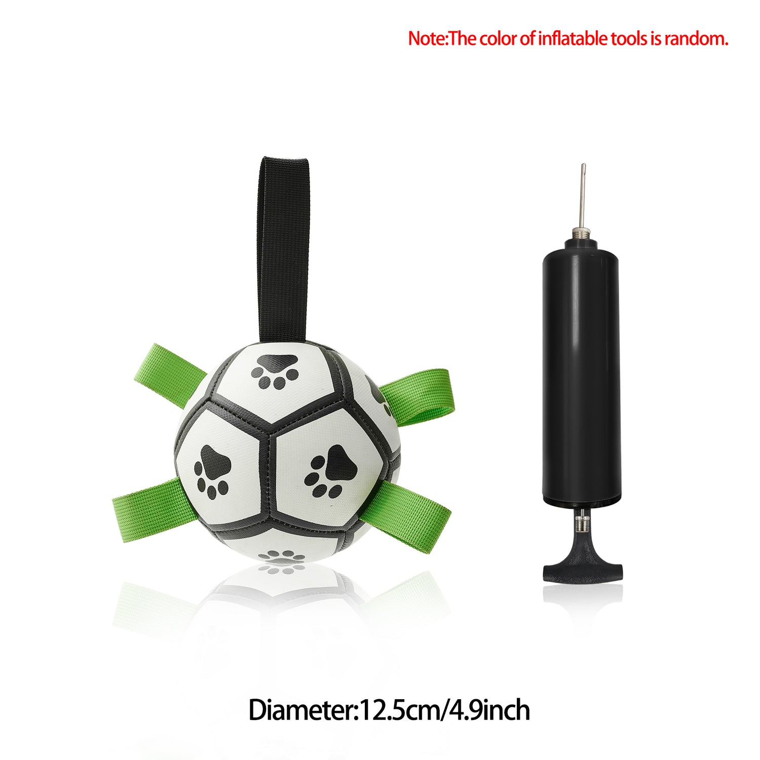Interactive dog soccer ball with green straps and inflation pump, diameter 12.5cm/4.9inch, perfect for outdoor play.