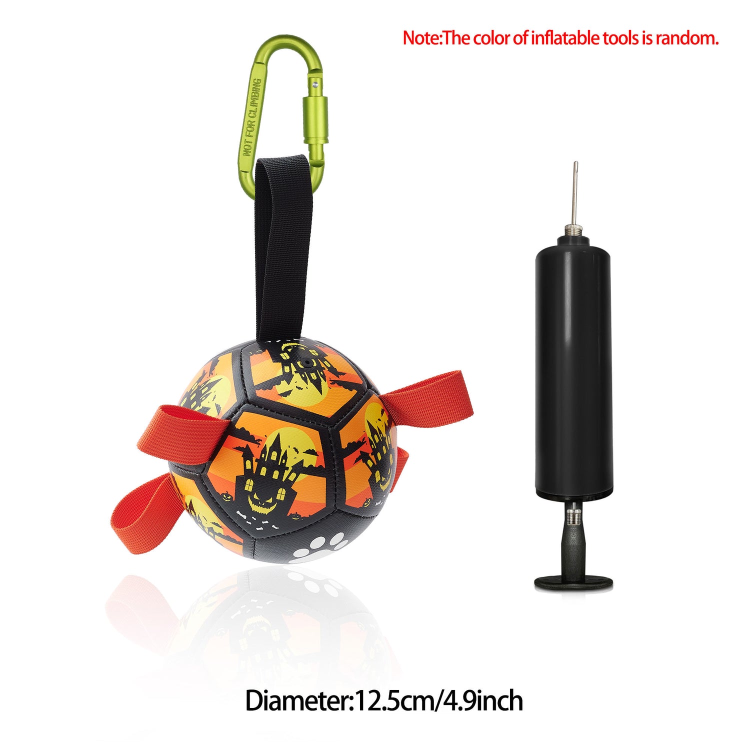 Interactive dog soccer ball with nylon tabs and inflatable pump, perfect for large dogs outdoor play.