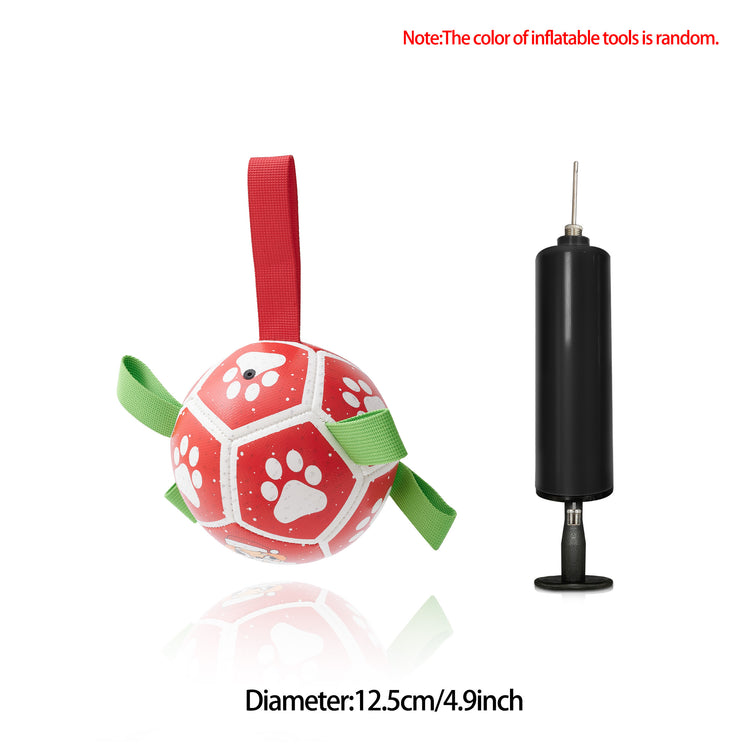 Interactive dog soccer ball with vibrant colors and durable design, includes inflatable pump for playtime fun.