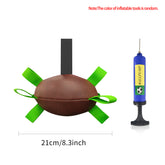 Interactive dog soccer ball with green nylon tabs and air pump for pets, 21cm/8.3in in size.