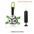 Interactive dog soccer ball with nylon tabs for erratic bouncing and a pump for easy inflation.