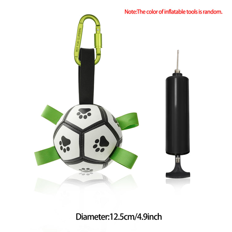 Interactive dog soccer ball with nylon tabs for erratic bouncing and a pump for easy inflation.