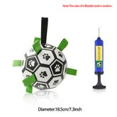 Interactive dog soccer ball with nylon tabs and pump, perfect for outdoor play and training.