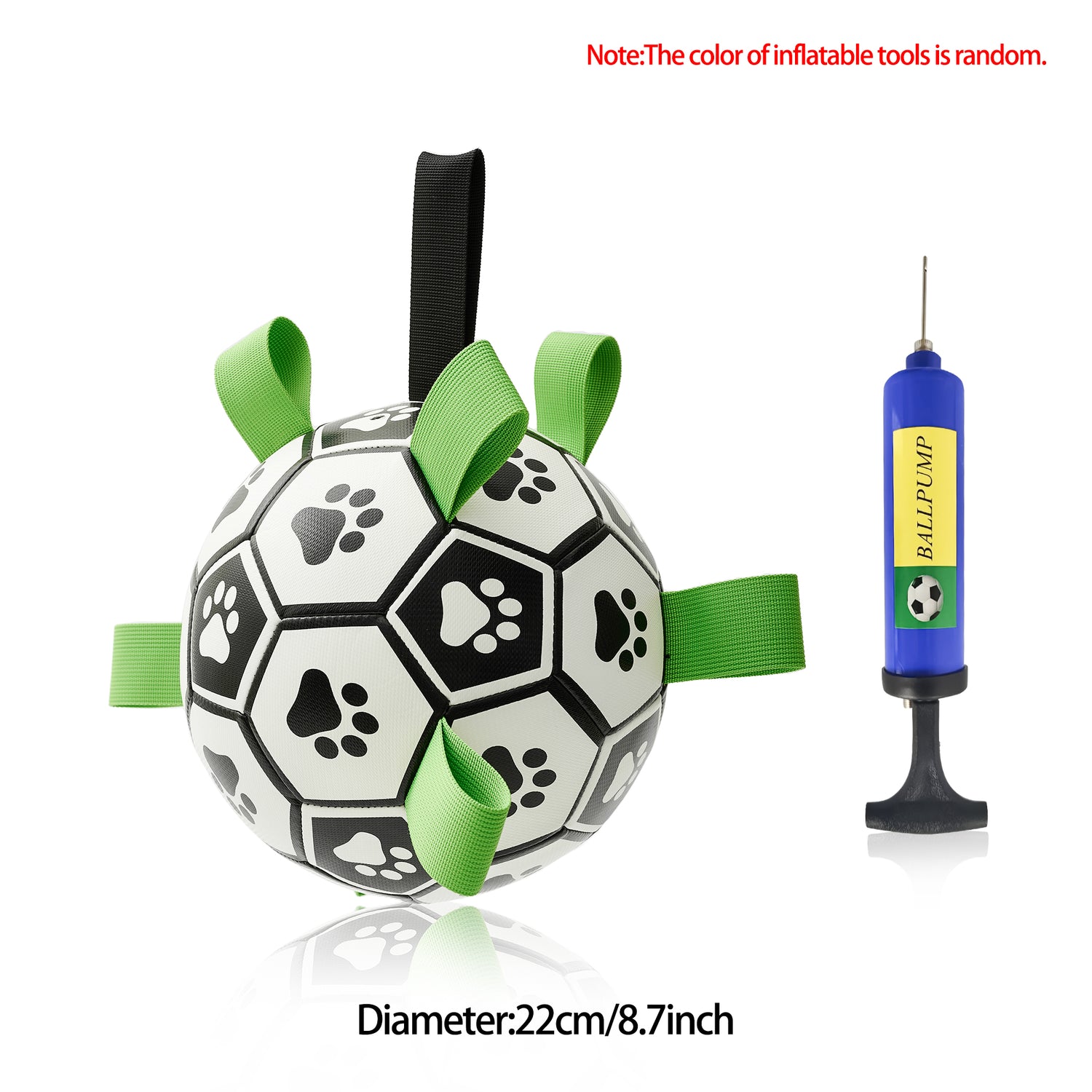 Interactive dog soccer ball with nylon tabs and pump for outdoor play, 22cm diameter, designed for large dogs.