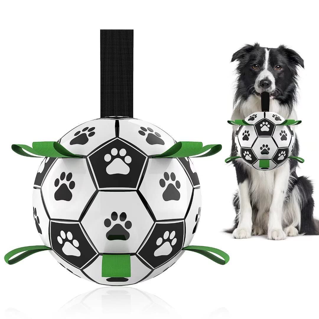 Interactive dog soccer ball with nylon tabs for erratic bouncing, designed for large dogs like Border Collies.