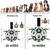 Image of interactive dog soccer ball sizes: medium and large options for outdoor play with measurements.