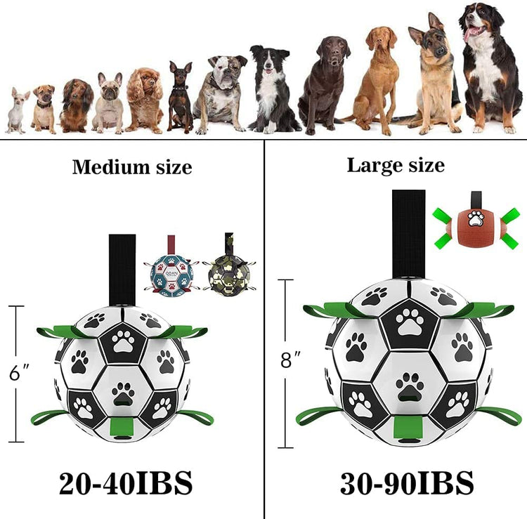 Image of interactive dog soccer ball sizes: medium and large options for outdoor play with measurements.