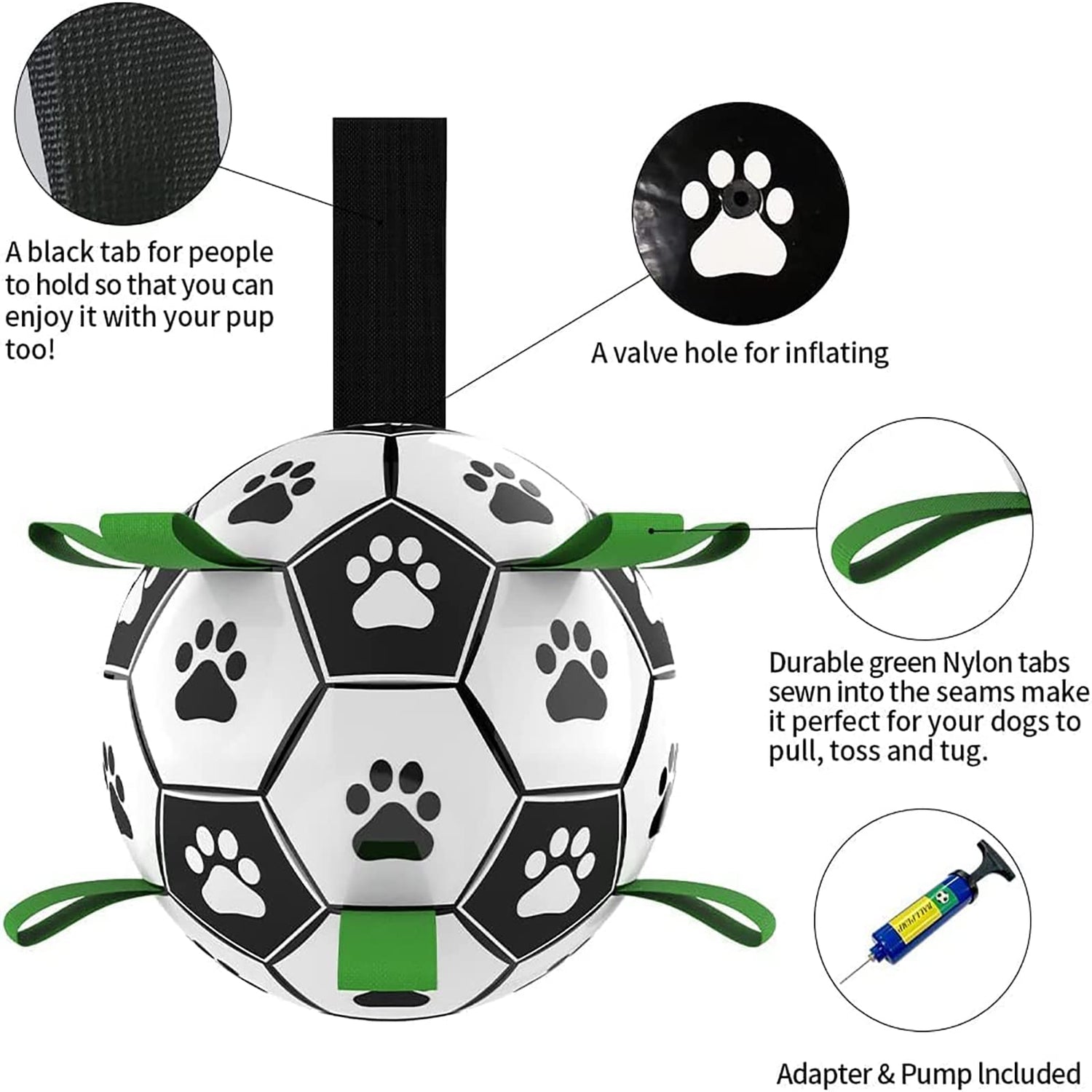 Interactive dog soccer ball with nylon tabs for erratic bouncing and a valve hole for easy inflating, perfect for active pets.