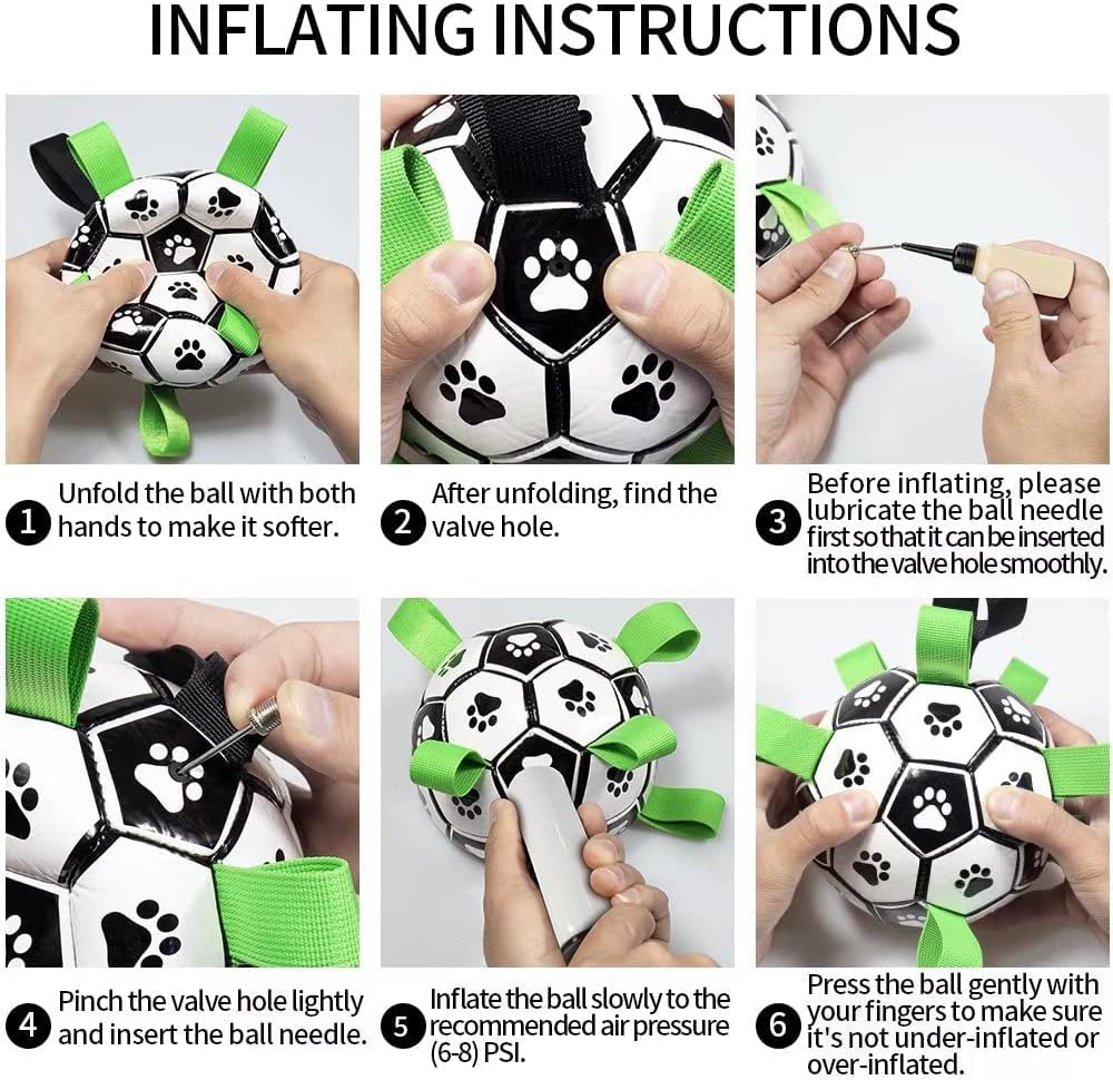 Inflating instructions for the interactive dog soccer ball, showing steps to prepare and inflate the toy.