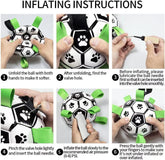 Inflating instructions for the interactive dog soccer ball, showing steps to prepare and inflate the toy.