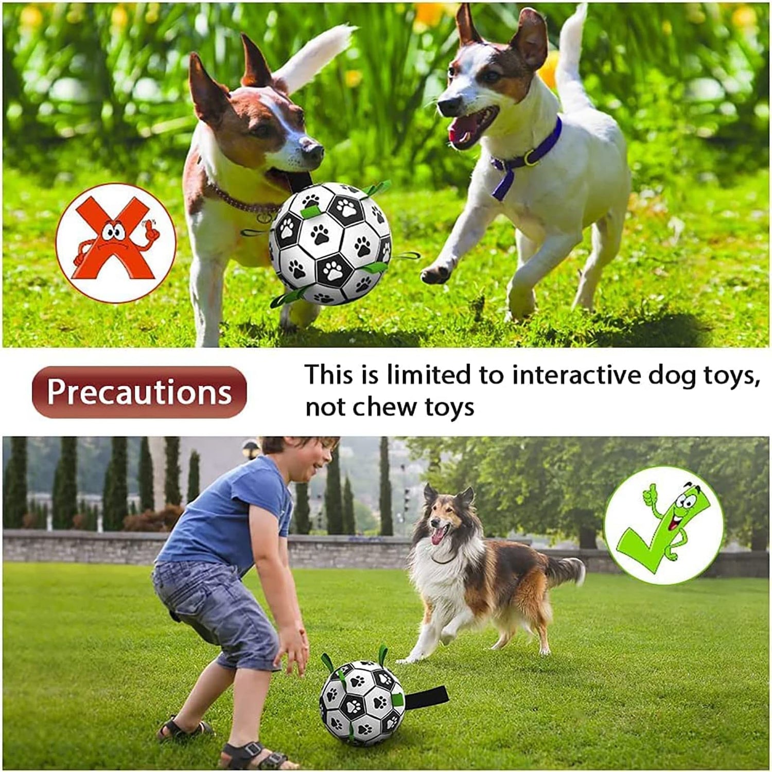 Two dogs playing with an interactive dog soccer ball while a child participates in outdoor play.