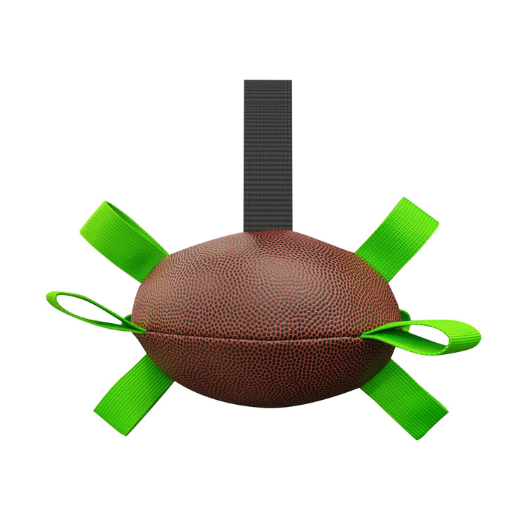 Interactive dog soccer ball for outdoor play, designed with nylon tabs for erratic bouncing and durability.
