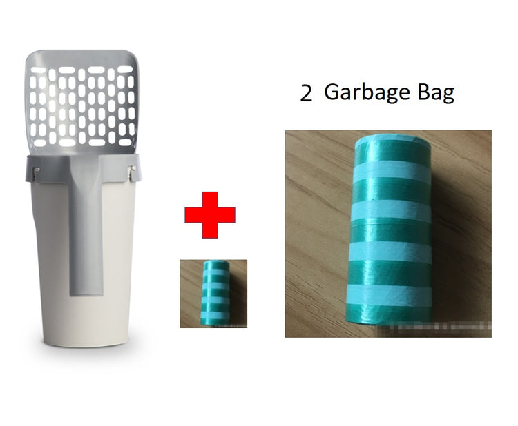 cat litter storage box with shovel and two garbage bags for easy cleaning and litter management.