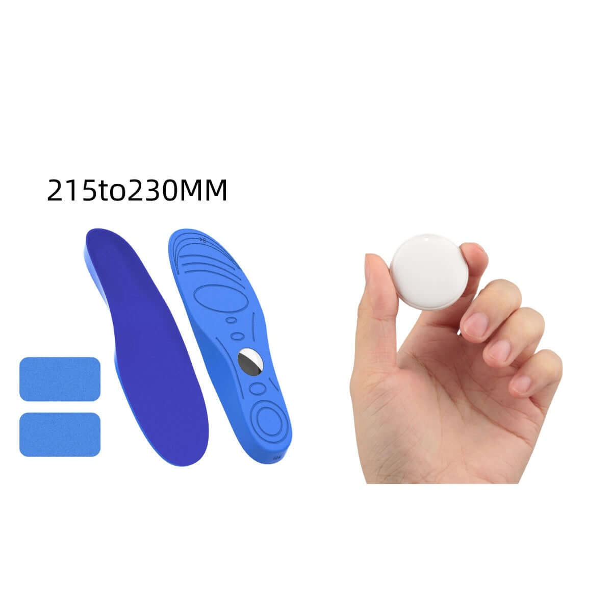 GPS Tracker For Dogs Cat Pet Child - Smart Safe Devices and blue insoles with a hand holding a white device.