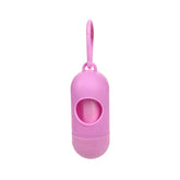 Dog poop bags for cleanup dispenser in pink color with hanging clip for easy access.