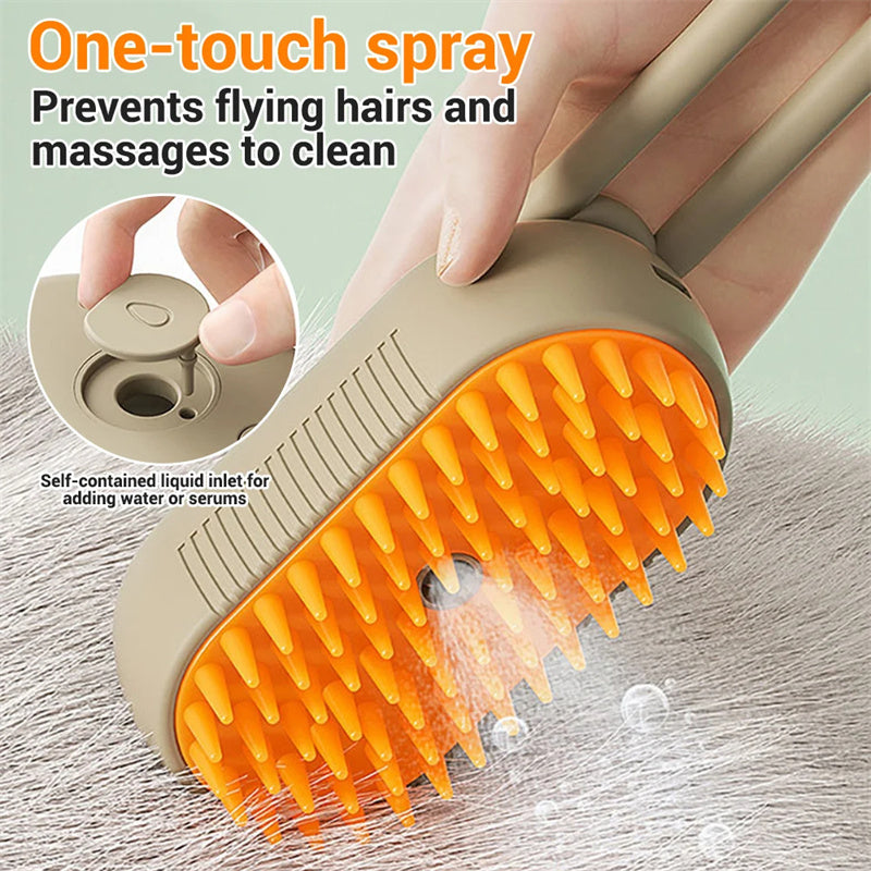 One-touch spray feature of the Cat Steam Brush Steamy Dog Brush - 3 In 1 Electric Grooming shown with orange bristles.