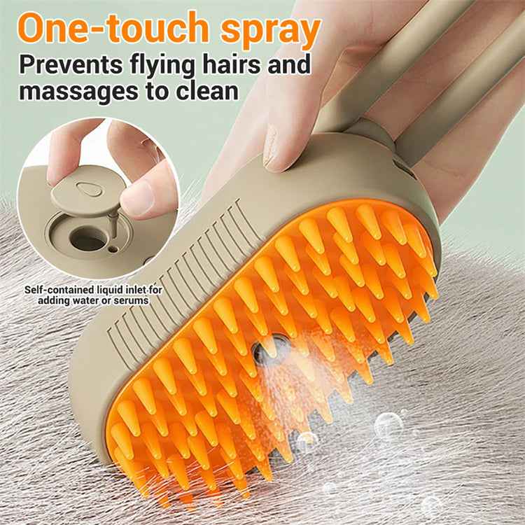 One-touch spray feature of the Cat Steam Brush Steamy Dog Brush - 3 In 1 Electric Grooming shown with orange bristles.