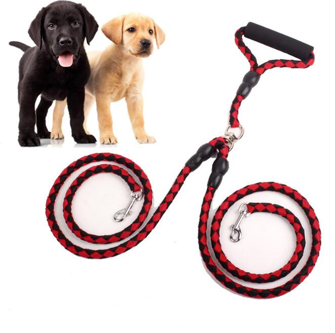double-ended dog traction rope with two puppies and a red and black leash