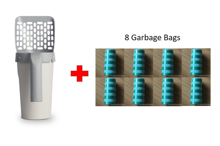 cat litter storage box with shovel including 8 garbage bags for convenient disposal.
