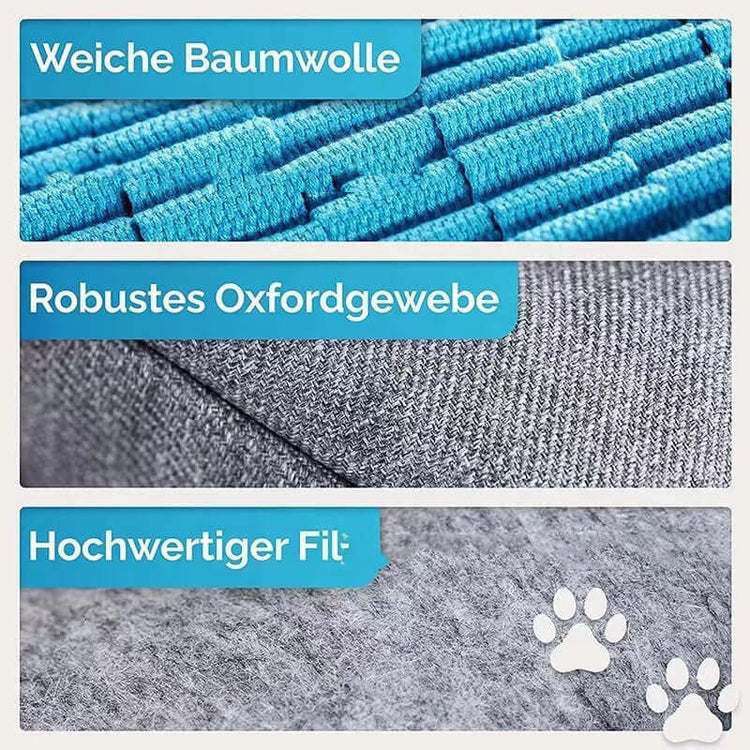 Close-up of dog sniffing training pad materials: soft cotton, sturdy oxford fabric, and high-quality felt with paw prints.