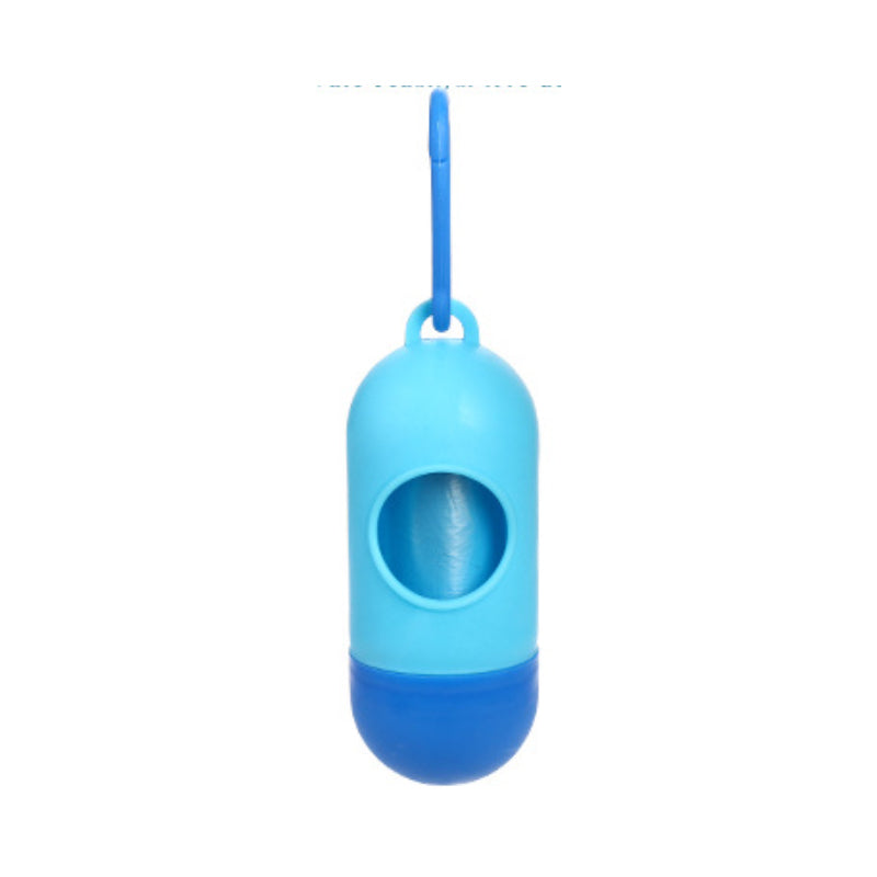 Dog poop bags for cleanup holder in blue color, designed to dispense trash bags easily.