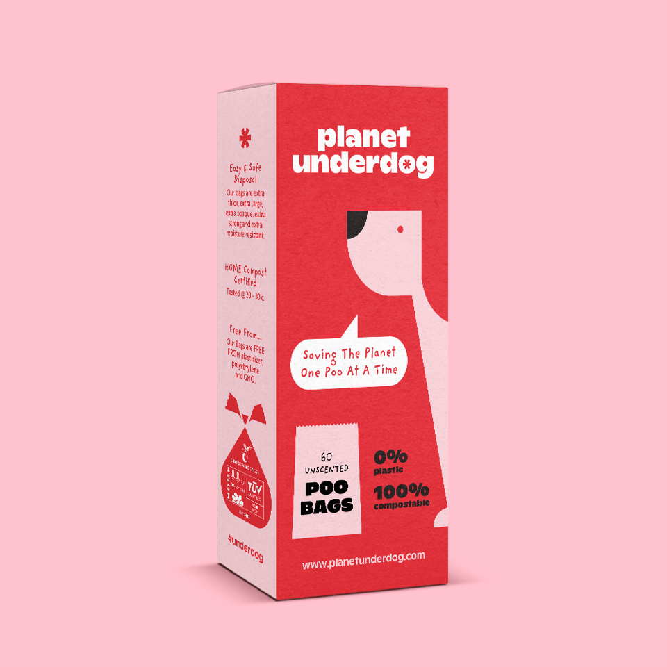Compostable --dog -poop-- bags by Planet Underdog featuring eco-friendly packaging with zero plastic content.