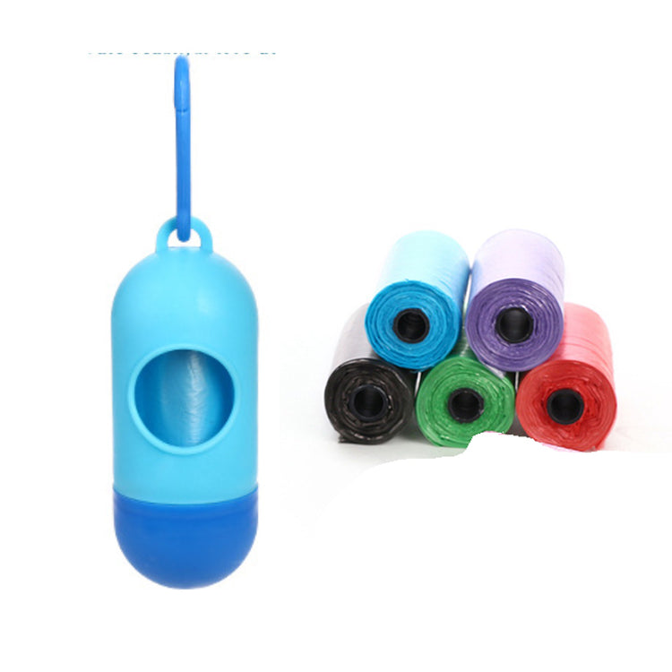 Dog poop bags for cleanup in a colorful dispenser with various colored bags adjacent.