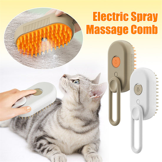 Cat Steam Brush Steamy Dog Brush - 3 In 1 Electric Grooming shown with a cat and electric massage comb for pet care.