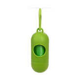 Green dog poop bags for cleanup dispenser with a hook for easy carrying.