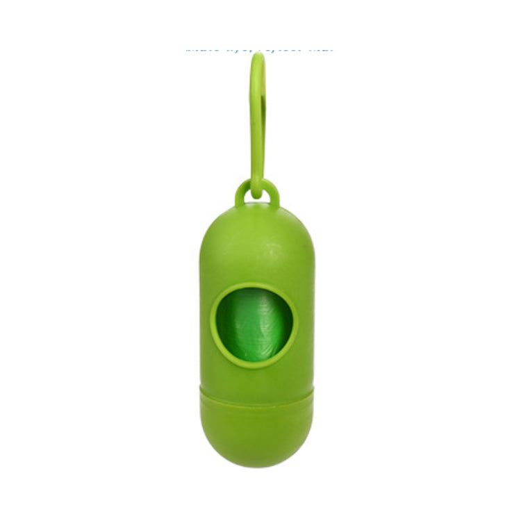 Green dog poop bags for cleanup dispenser with a hook for easy carrying.