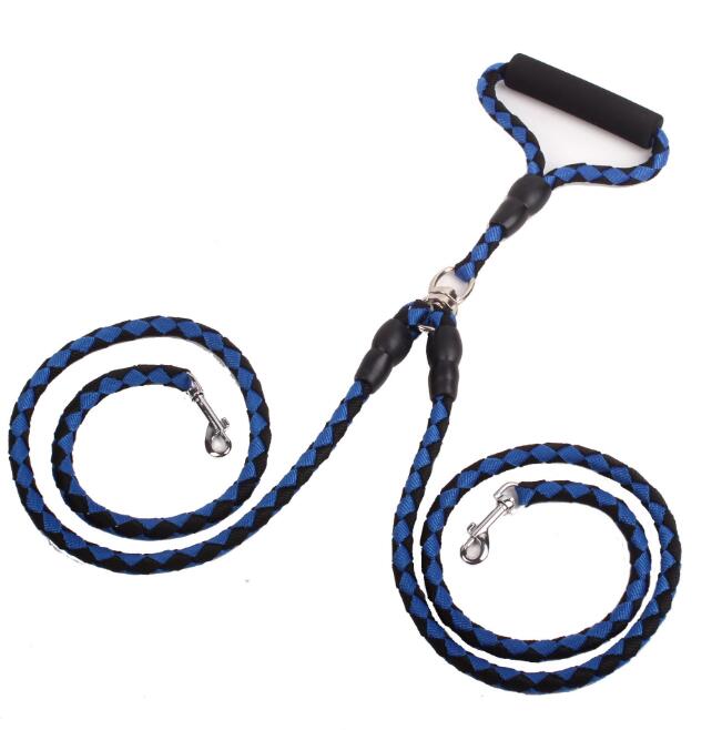 double-ended dog traction rope in blue and black with padded handle and metal clips
