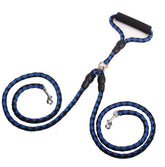 double-ended dog traction rope in blue and black with padded handle and metal clips