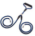 double-ended dog traction rope in blue and black with padded handle and metal clips
