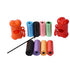 Colorful dog poop bags for cleanup in various colors with an orange bone-shaped dispenser.