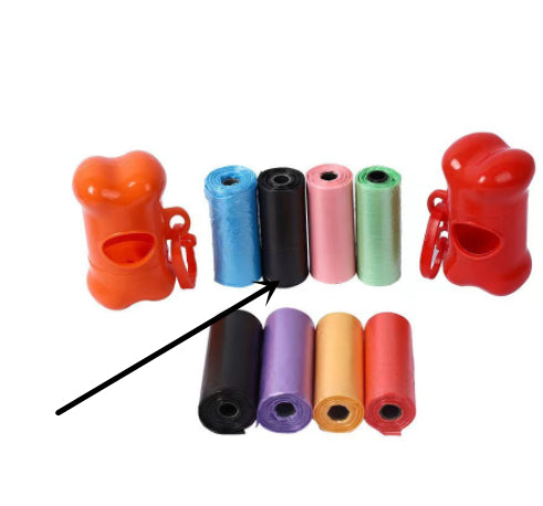 Colorful dog poop bags for cleanup in various colors with an orange bone-shaped dispenser.