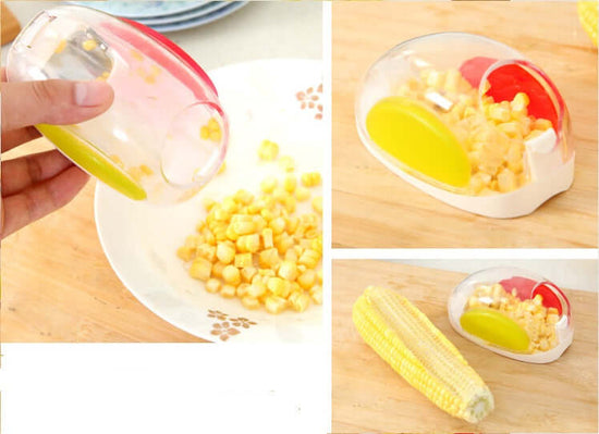 Corn kernel separator kitchen gadget for easy removal of kernels from corncobs, featuring a plastic shell and stainless steel blade.