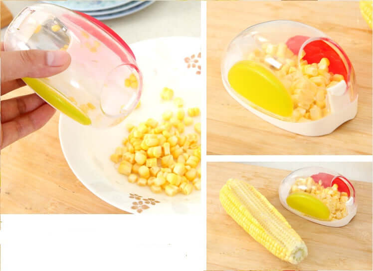 Corn kernel separator kitchen gadget for easy removal of kernels from corncobs, featuring a plastic shell and stainless steel blade.