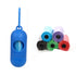 Dog poop bags for cleanup in various colors with a blue dispenser for easy carrying and access.